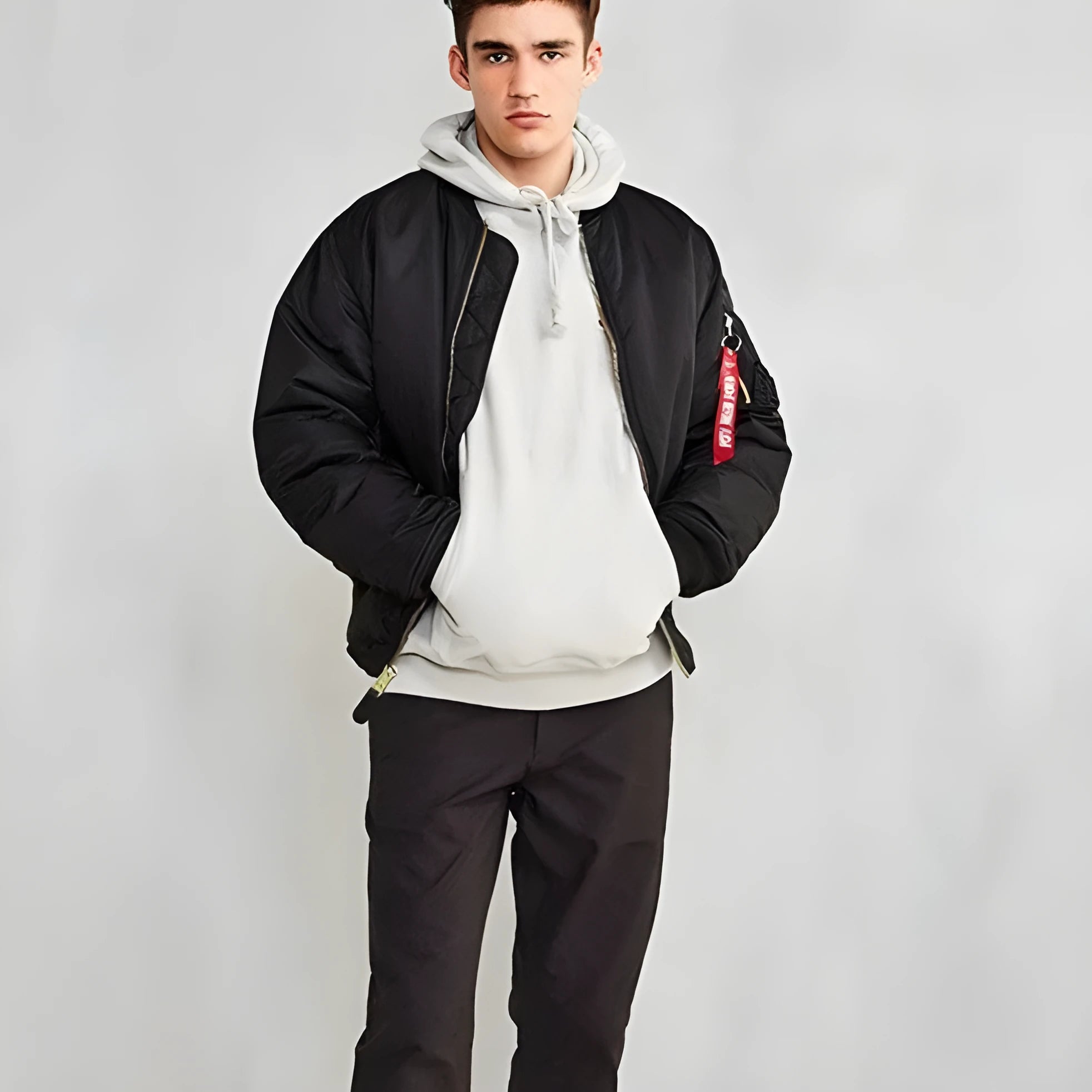 Men's loose fit pilot jacket in army green, showing cotton padding and double-sided nylon construction.