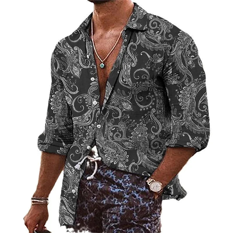Men's casual shirt with 3D floral pattern in loose fit long sleeve design