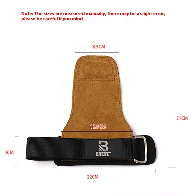 A pair of brown fitness wrist protectors for gym equipment and pull-up bar exercises.