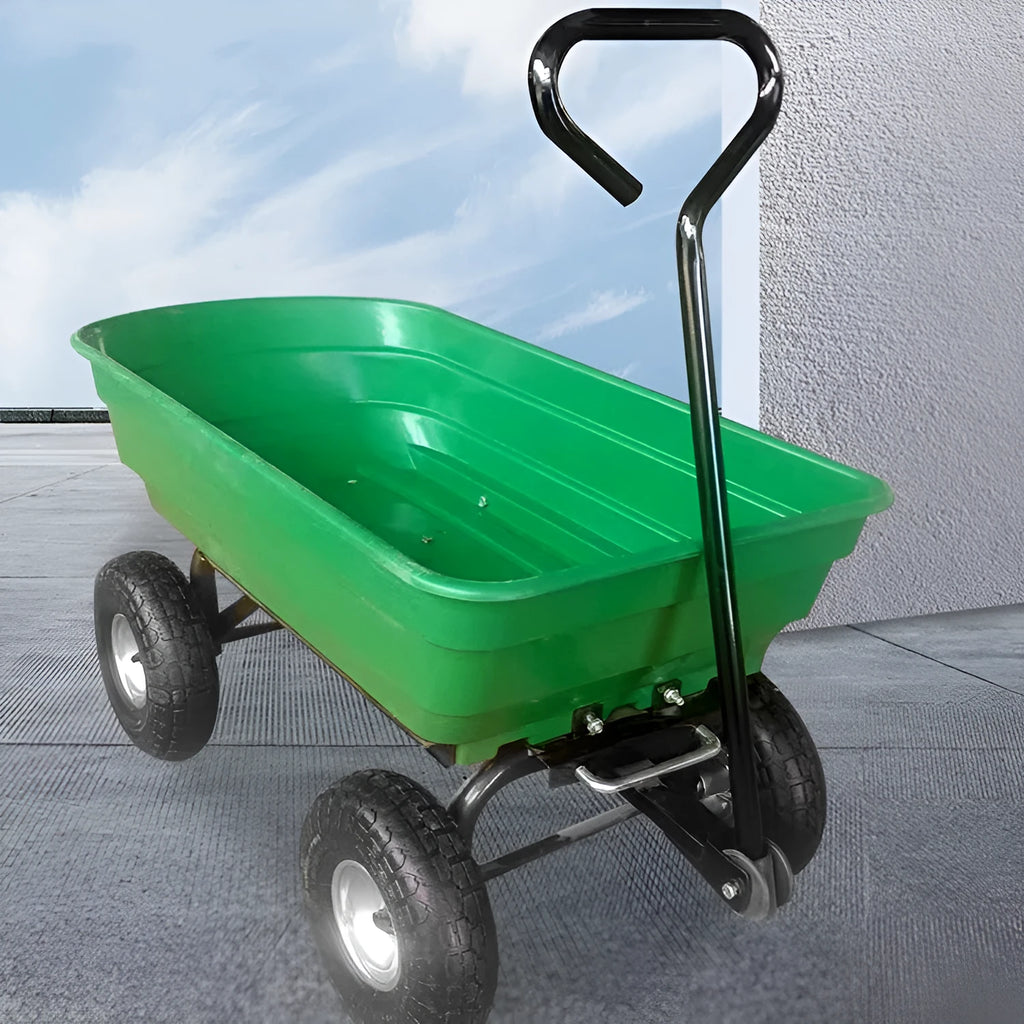 Green TC2145 four-wheel plastic dumptruck with a steel and PP body for garden hauling.