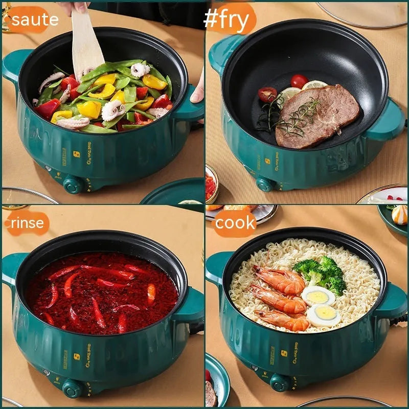 Electric hot pot with non-stick interior and integrated heating element in white or green finish