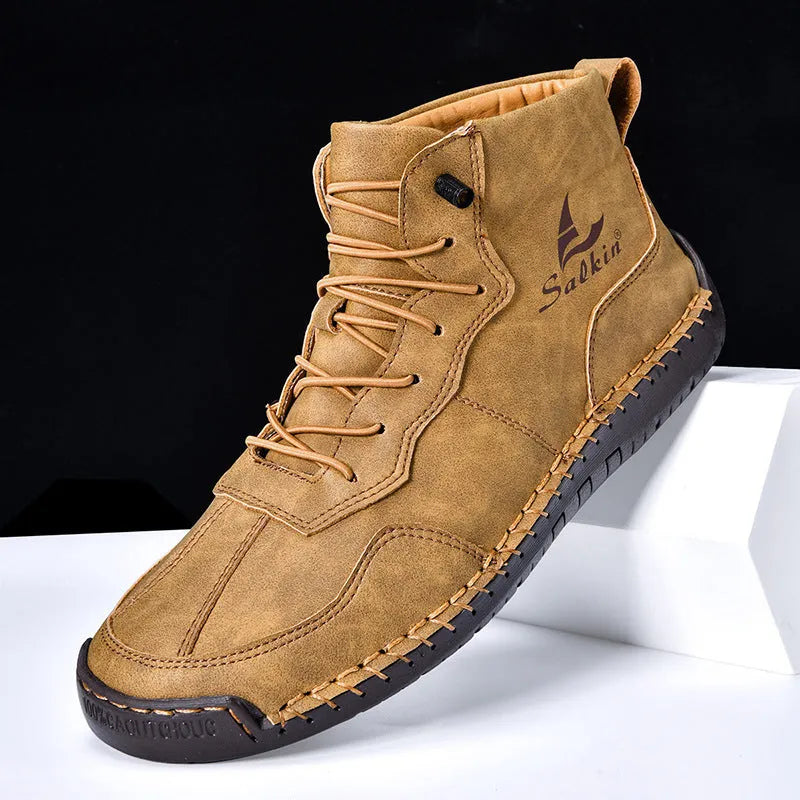 Retro high-top casual boots in artificial PU leather with frosted finish, round toe, and elastic band.