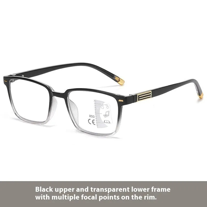 Multifocal reading glasses with colour changing, anti-blue light PC lenses in a black and silver frame style.