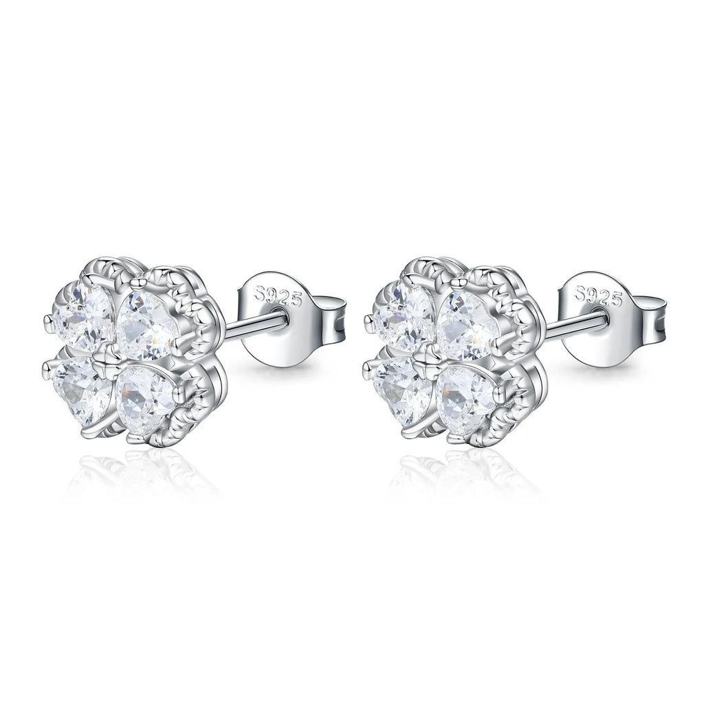 Zeng Yin four-leaf clover earrings with heart-shaped zircon stones in sterling silver