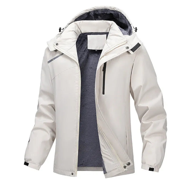 Men's plus size waterproof winter coat in loose fit with hood, available in Army Green, Black, Dark Gray and White colours