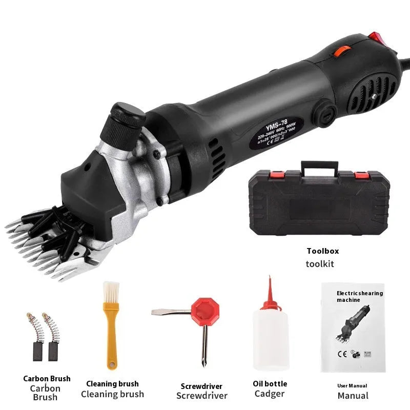 Yellow electric wool shears with 13-tooth comb and set of accessory combs and tools on a table.