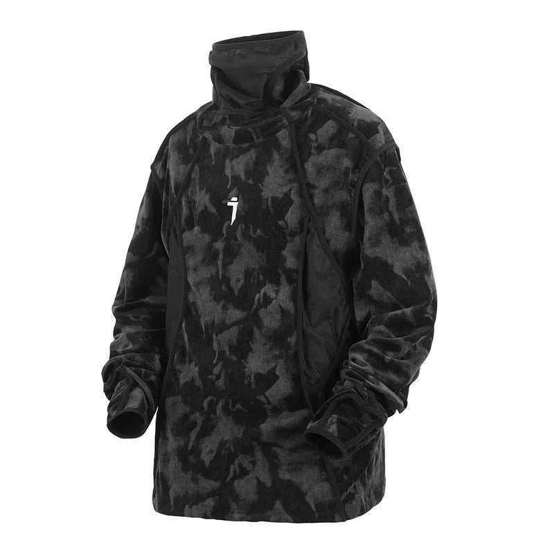 Men's black tie-dye printed pullover sweater with drop shoulders and finger turtleneck