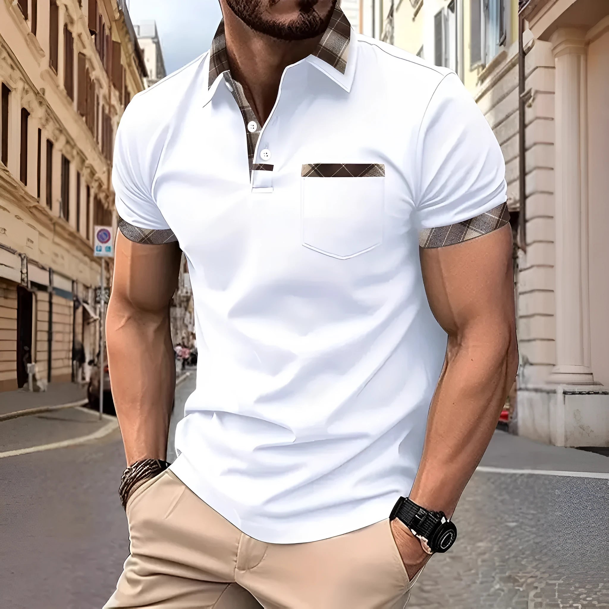 Men's plaid colourblock t-shirt with zipper decoration on front, short sleeves, loose fit