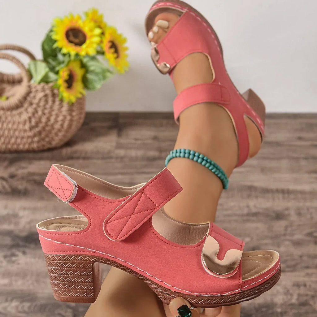 Velcro Roman sandals with round toe design in light brown colour