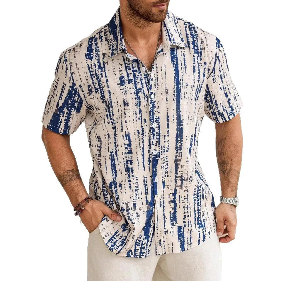 Men's striped short sleeve shirt in lightweight polyester with 3D printed pattern for summer casual wear
