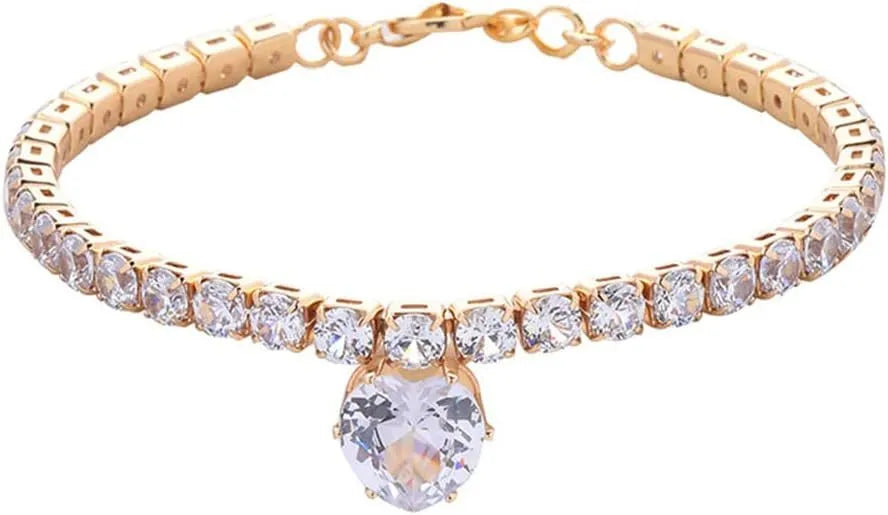 Gold rhinestone heart-shaped collar for dogs and cats with shiny stones and metal extension chain.