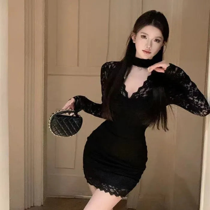 Women's black halter lace dress with floral pattern and A-line skirt for autumn winter wear