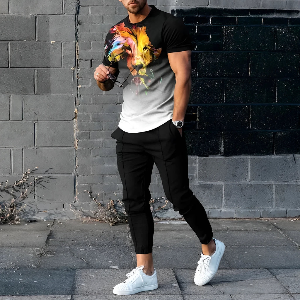 Men's short-sleeved pullover and trouser set in chemical fibre blend fabric for sports