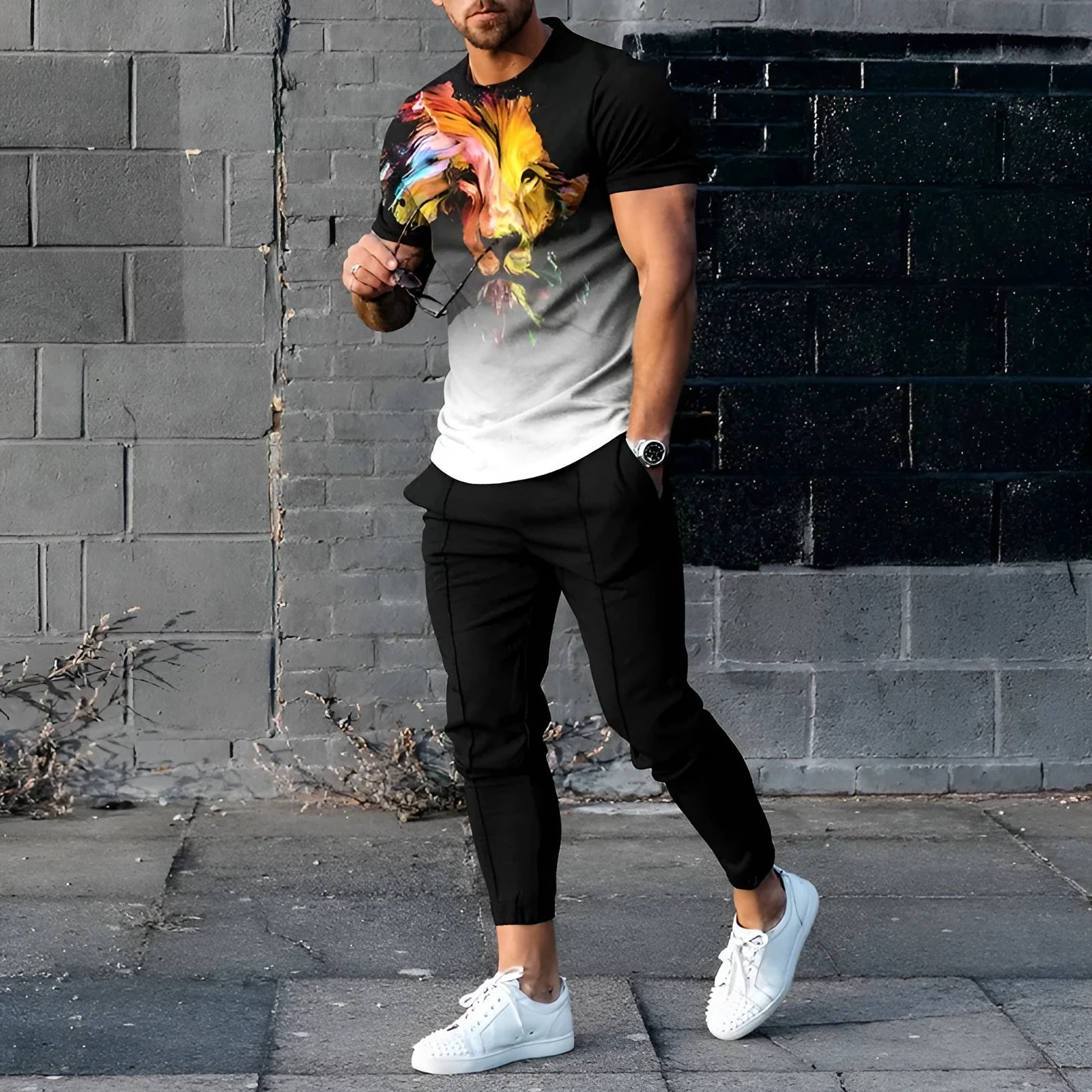 Men's short-sleeved pullover and trouser set in chemical fibre blend fabric for sports