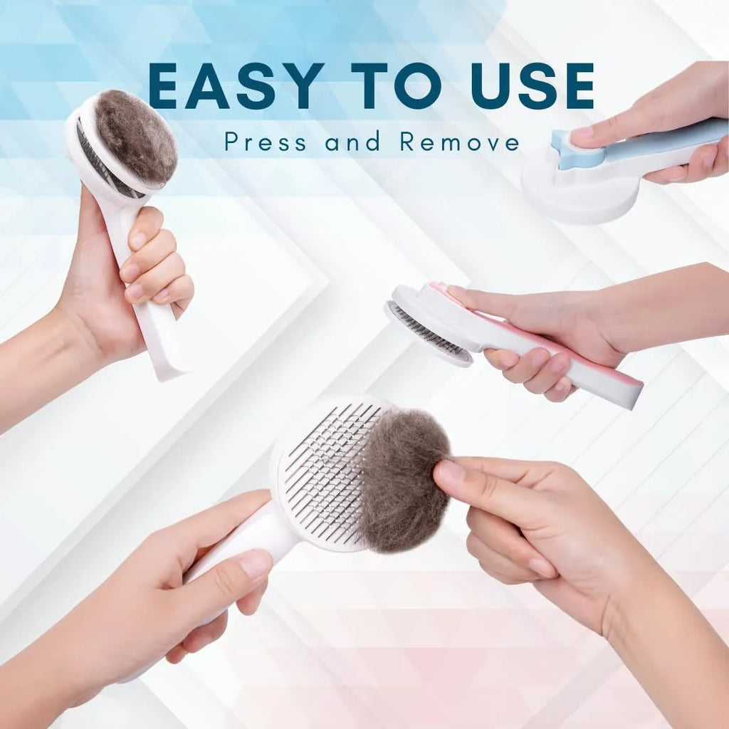 Blue self-cleaning pet grooming brush with ergonomic rubber handle on a white background