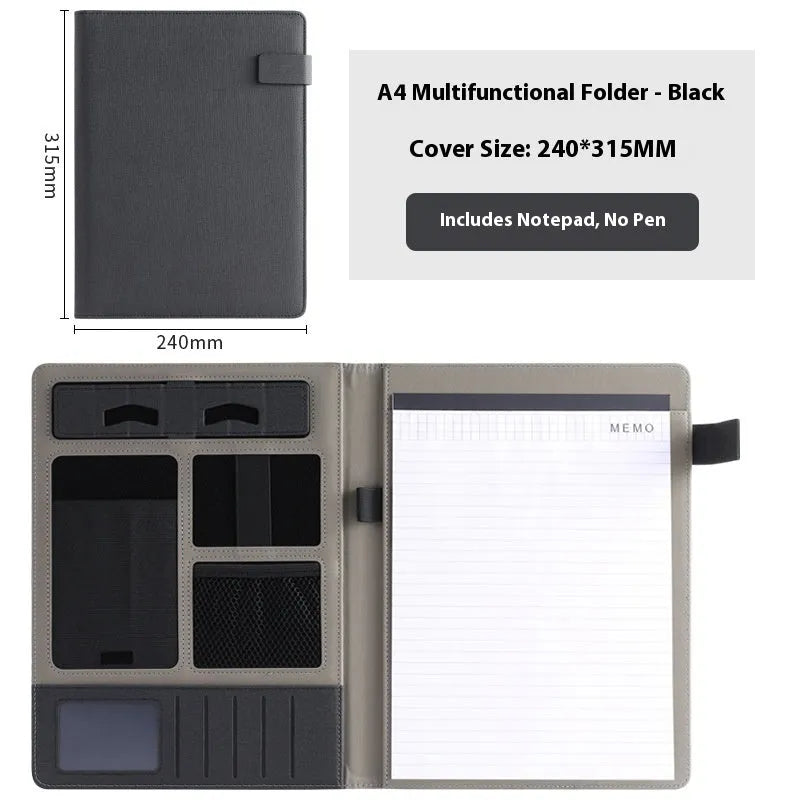 A4 leather business folder in black colour showing document storage and pen holder