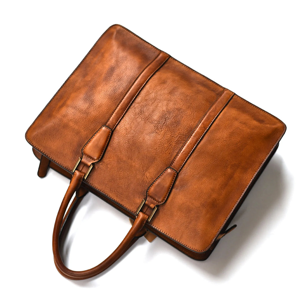 Men's 14 inch horizontal leather business handbag with zipper in khaki colour