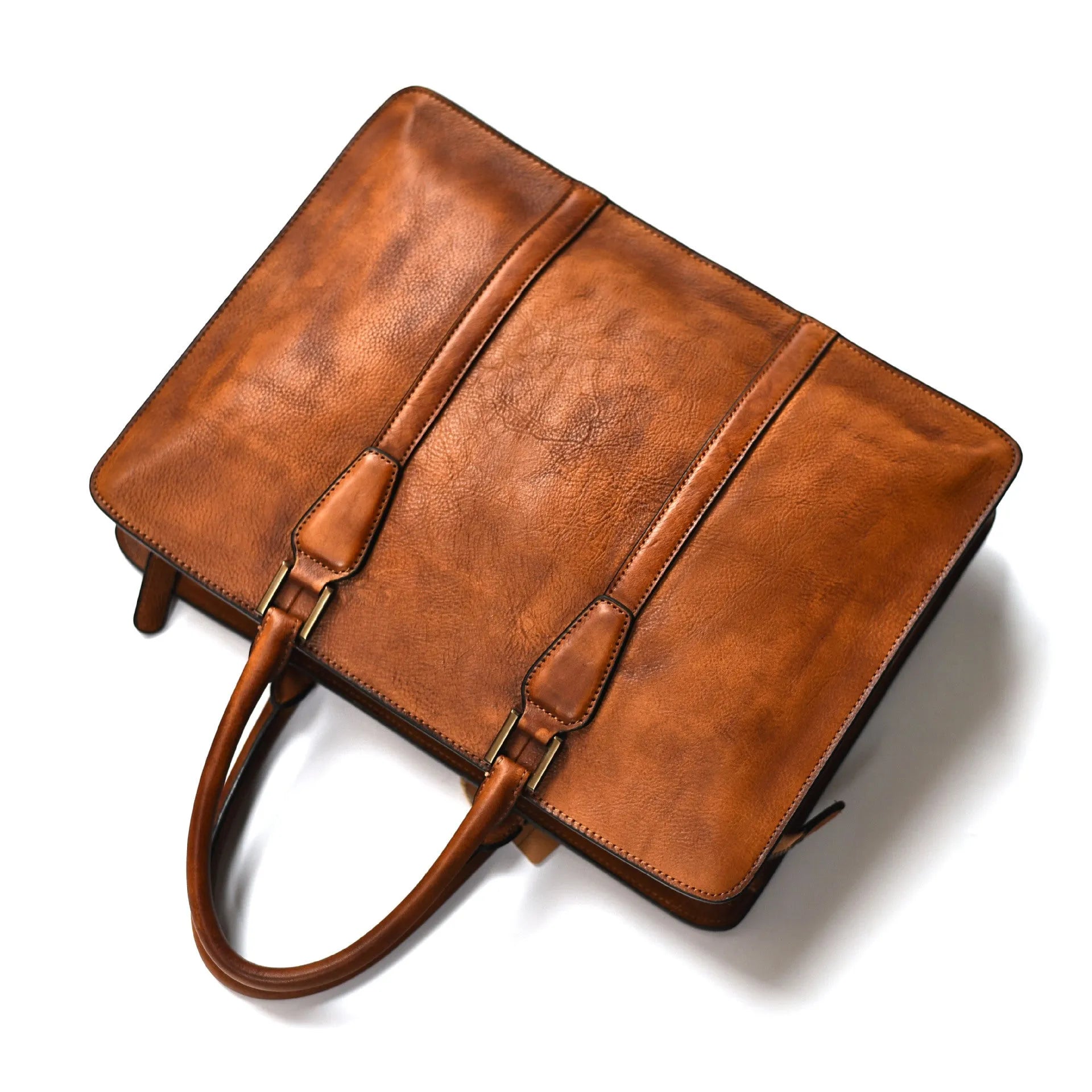 Men's 14 inch horizontal leather business handbag with zipper in khaki colour