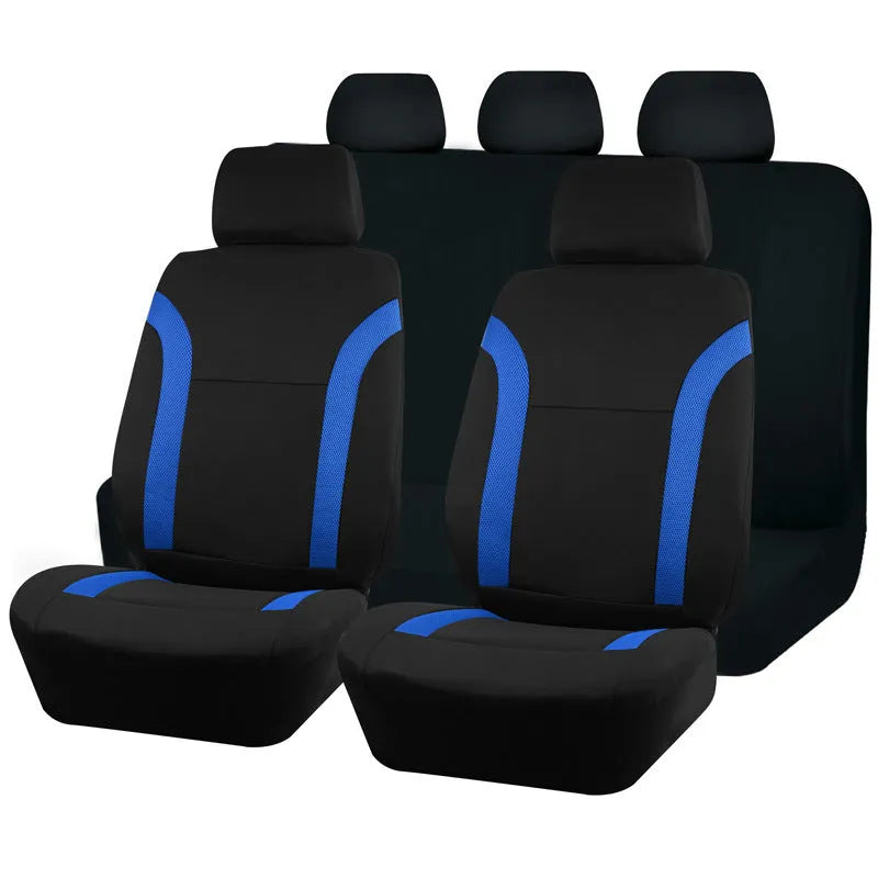 Blue polyester car seat cover with eyelet stitching on a vehicle front seat.