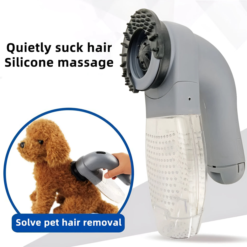 Grey portable pet hair vacuum cleaner with soft rubber head and large collection canister on a fabric sofa.