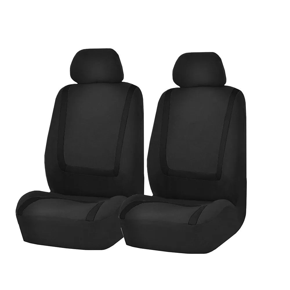 Fully enclosed universal car seat cover set in fabric material, showing headrest and seat panels.