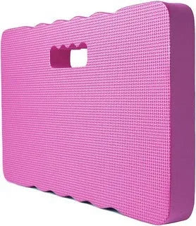 Blue EVA foam garden kneeler pad with handle on grass, dimensions 45cm by 28cm.