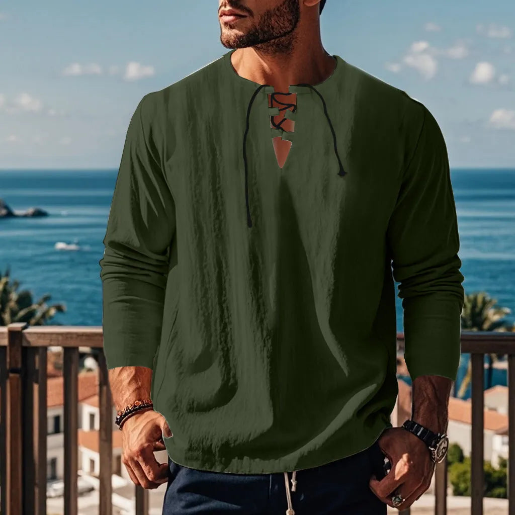 Men's solid colour cotton linen beach shirt in loose fit pullover style