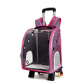 Blue pet trolley bag with transparent acrylic cover showing shoulder strap and trolley wheels