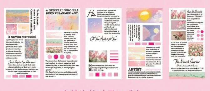 Pack of twenty rectangular paper stickers showing colourful landscape paintings, each measuring 60 by 120 millimetres.