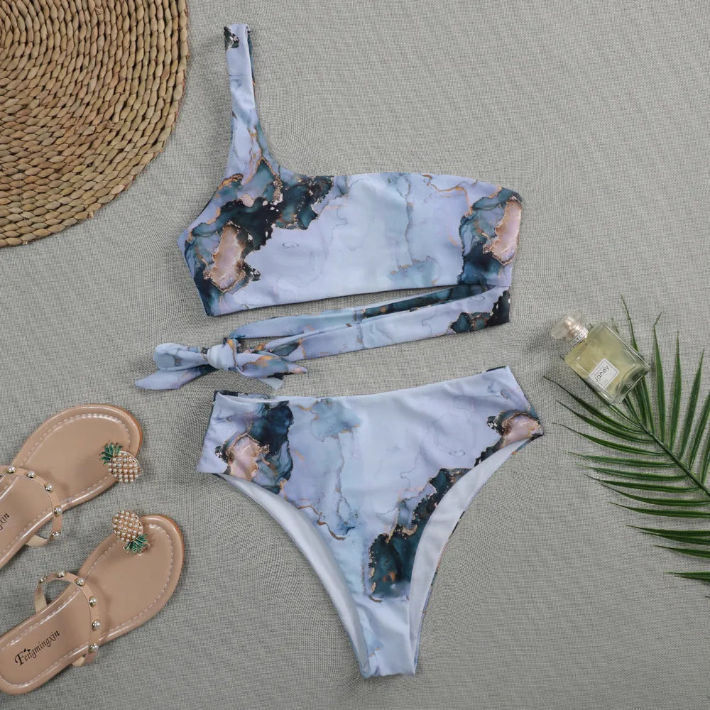 Women's marble tie-dye bikini set with U-neck top and high-waist briefs in blue colour variation