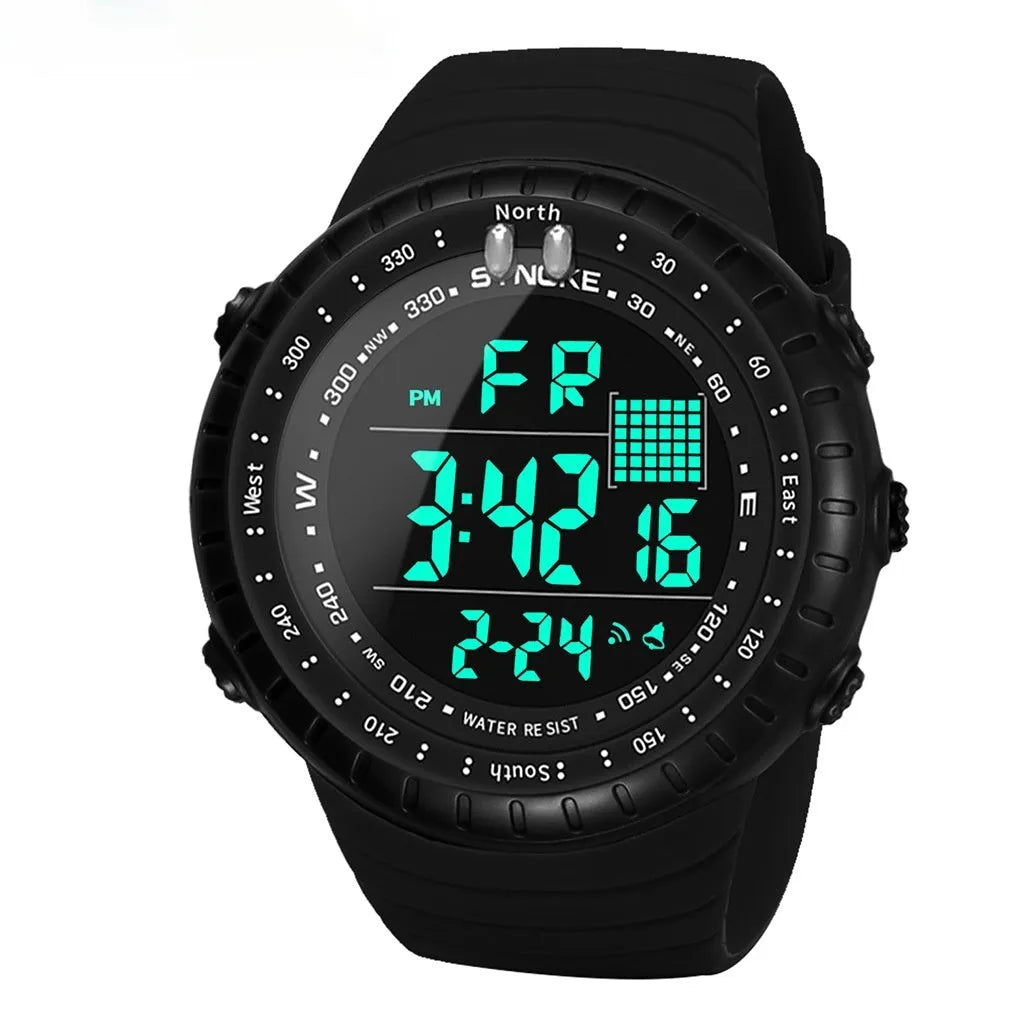Black waterproof digital watch for men with plastic case and adjustable PU strap