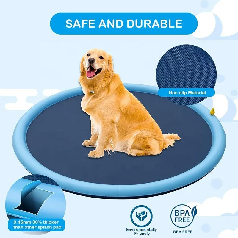 Blue inflatable dog sprinkler mat with water droplets on anti-slip surface, connected to a hose.