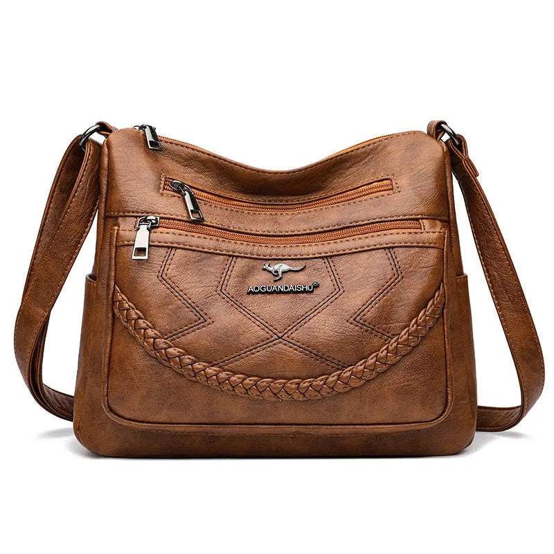 Soft PU leather women's shoulder bag in a horizontal square shape with a large capacity interior