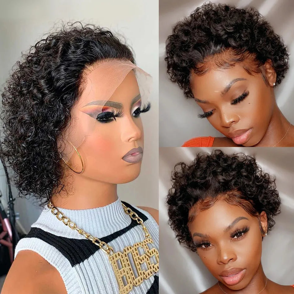 Black human hair lace front pixie wig showing natural hairline
