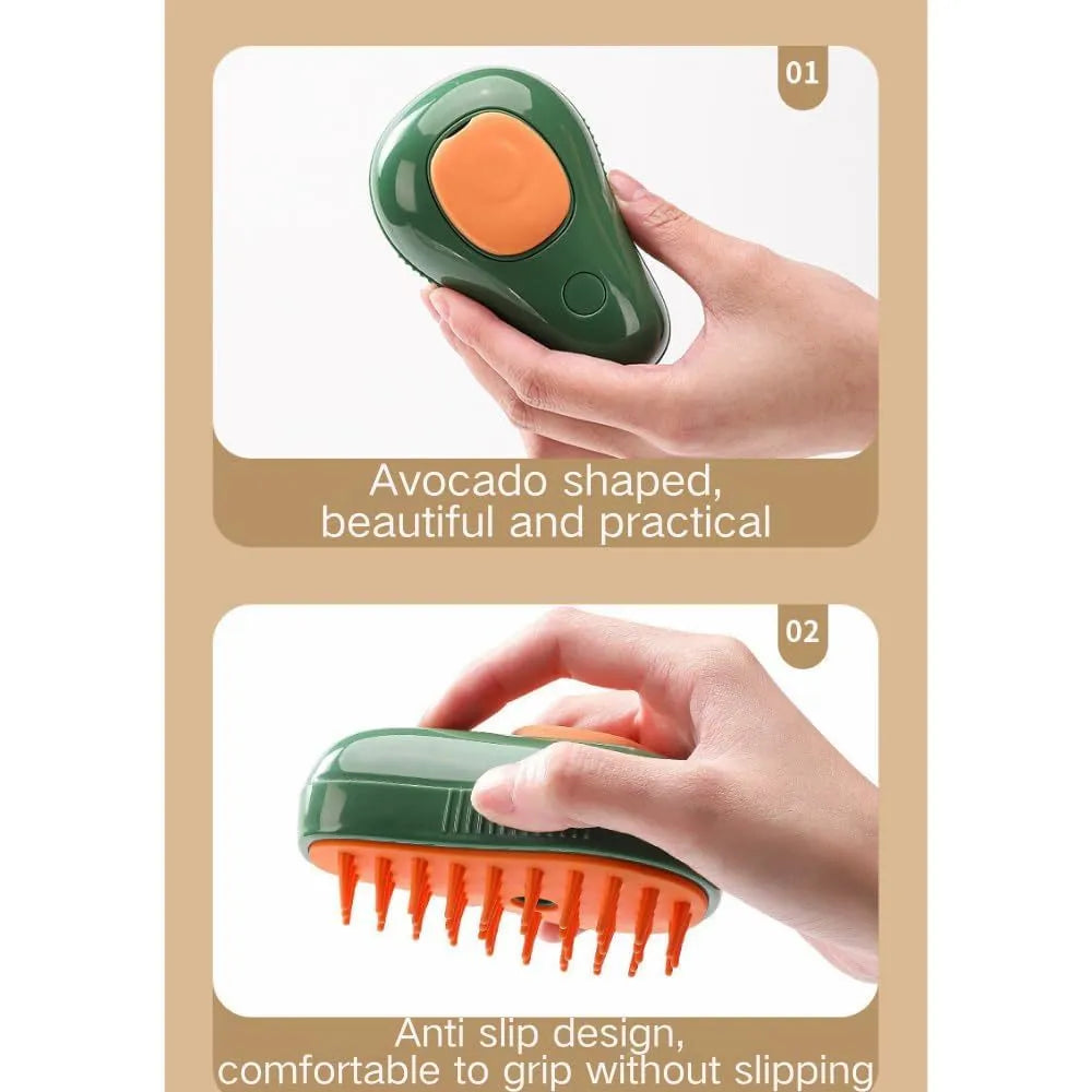 Green and white cat steam brush with water reservoir and silicone grooming teeth