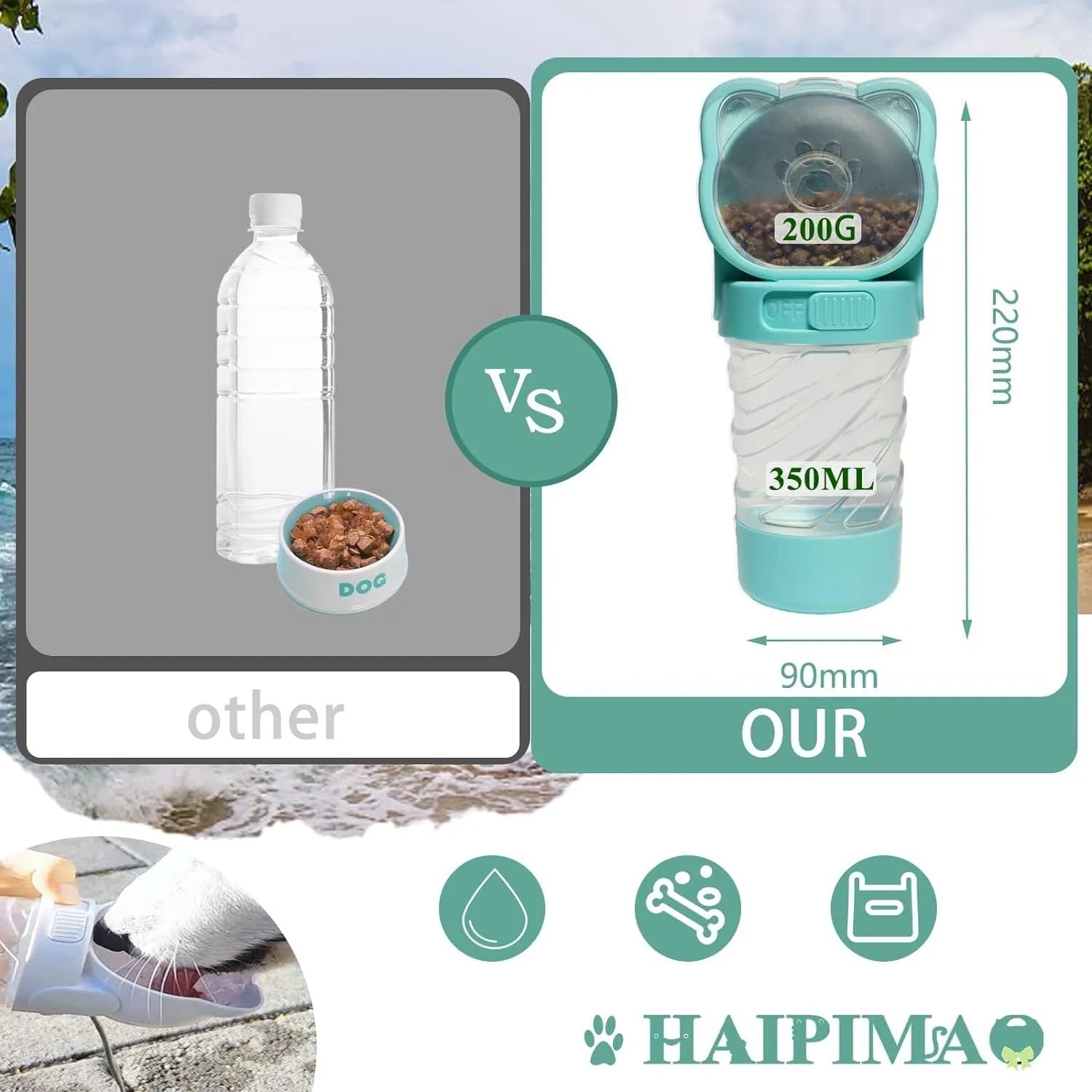 Green, pink, or white 3-in-1 portable pet water bottle with attached strap, food container, and bag dispenser.