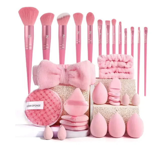 Hydrophilic non-latex beauty tools set with pink, brown and purple applicators for face and makeup