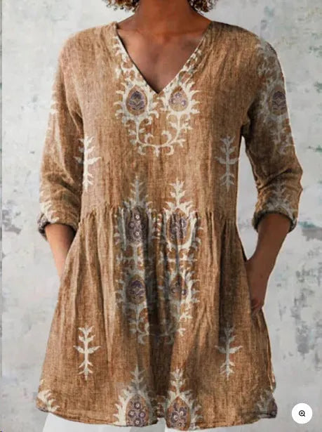 Women's printed floral dress with loose fit, wide waist, and 3/4 ruffle sleeves