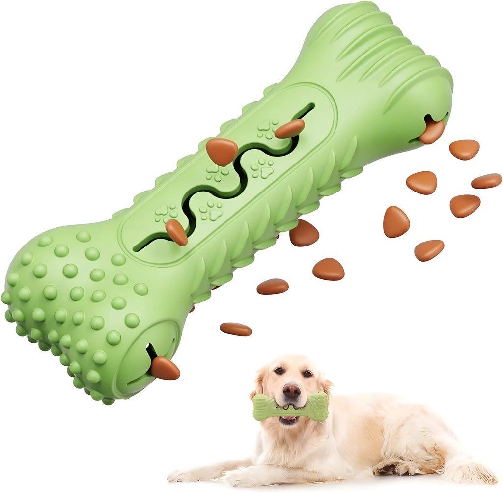 Blue natural rubber bone-shaped dog chew toy with textured surface for teeth cleaning.