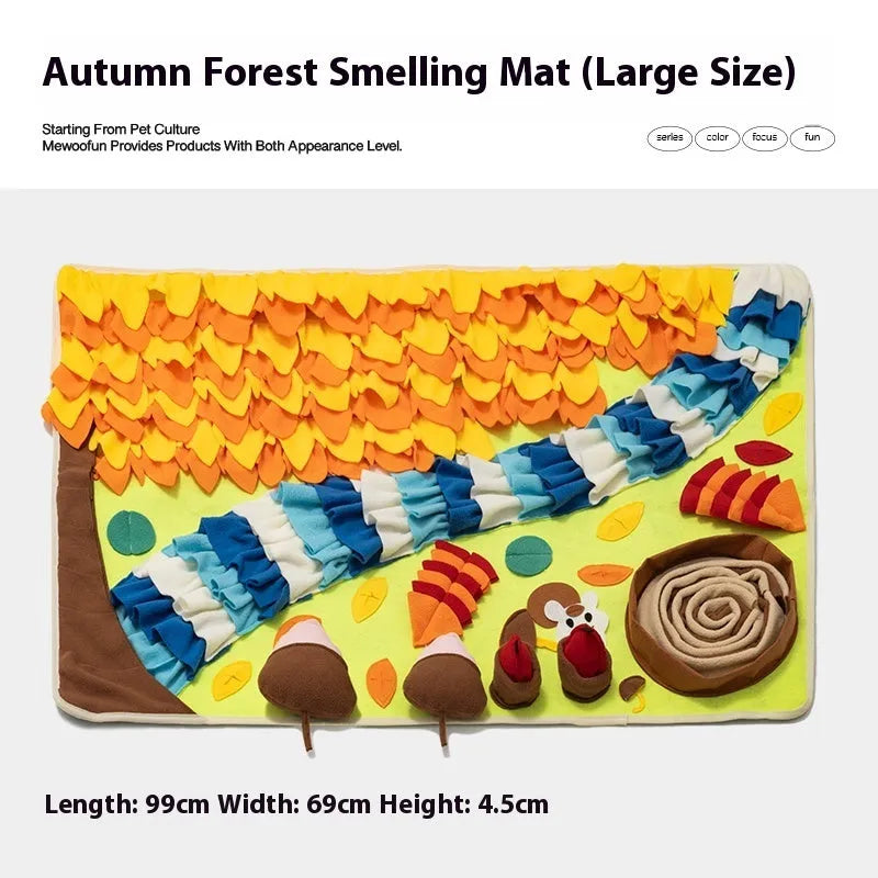 Themed dog sniffing mat with food hiding design for canine enrichment activities