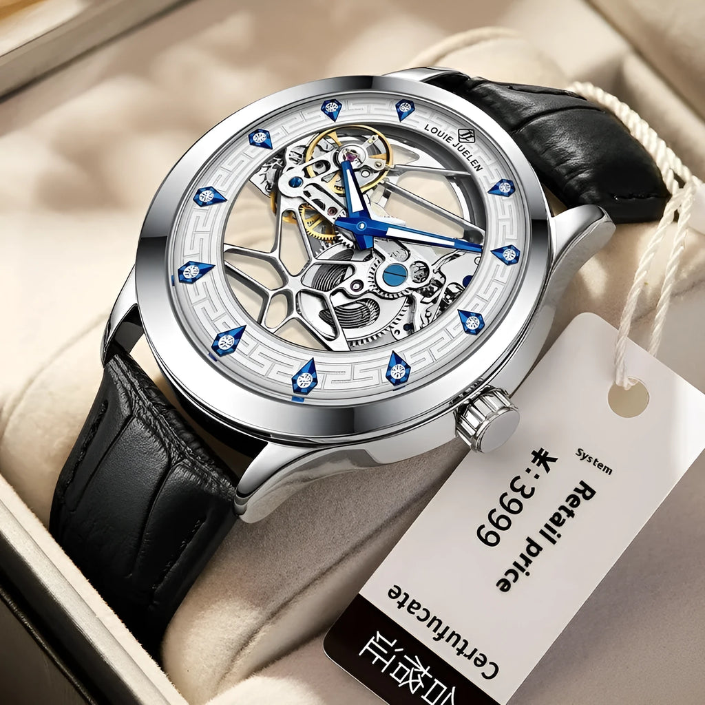Men's silver case mechanical watch with white dial, blue luminous hands, and black leather strap.