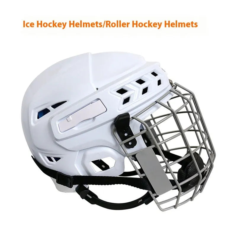 Ice hockey helmet with a carbon steel face mask shown in size S, M, L, or XL on a neutral background.