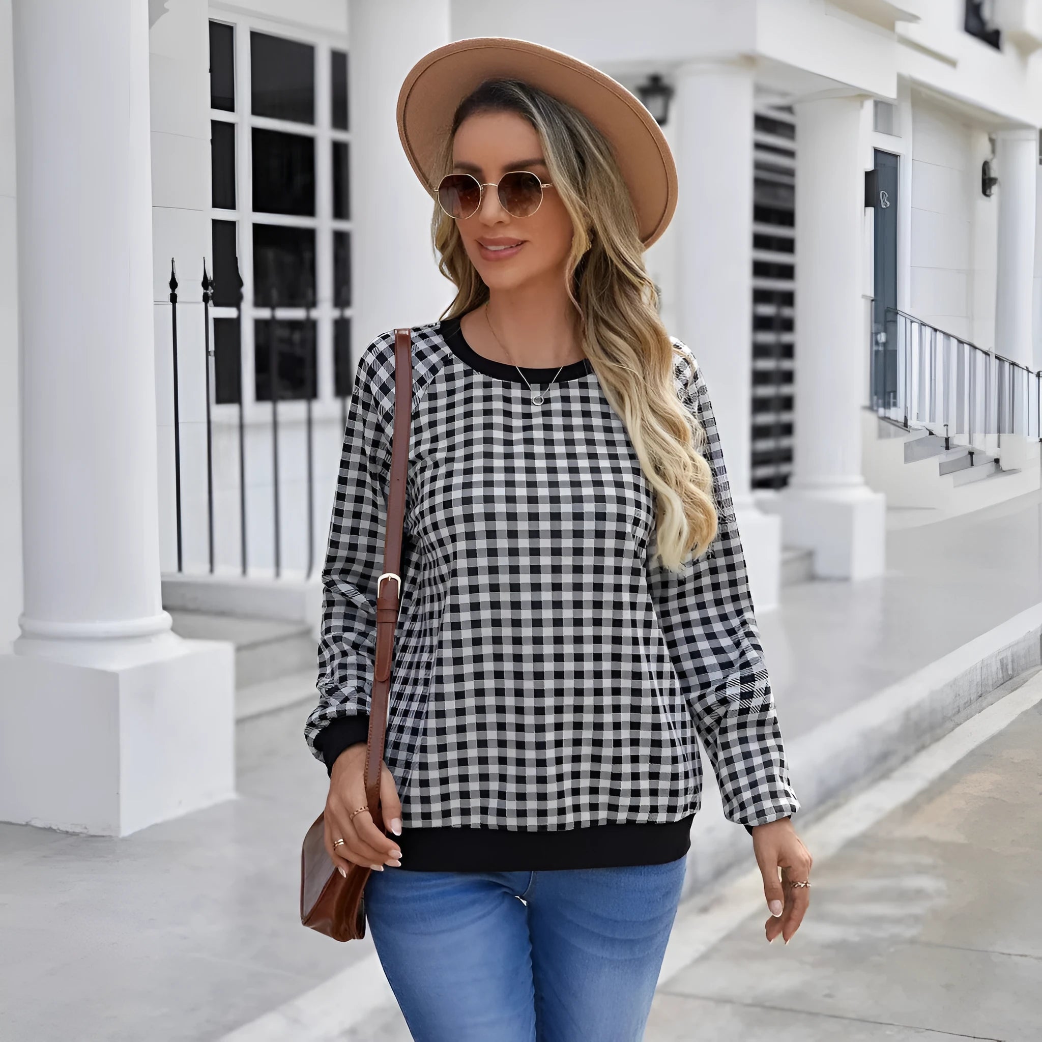 Black Japanese plaid pattern pullover sweater with long sleeves and stripe detailing