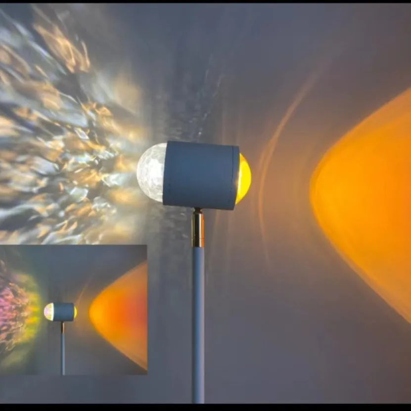 Sunset red modern floor lamp projecting water wave light pattern on floor in a living room.