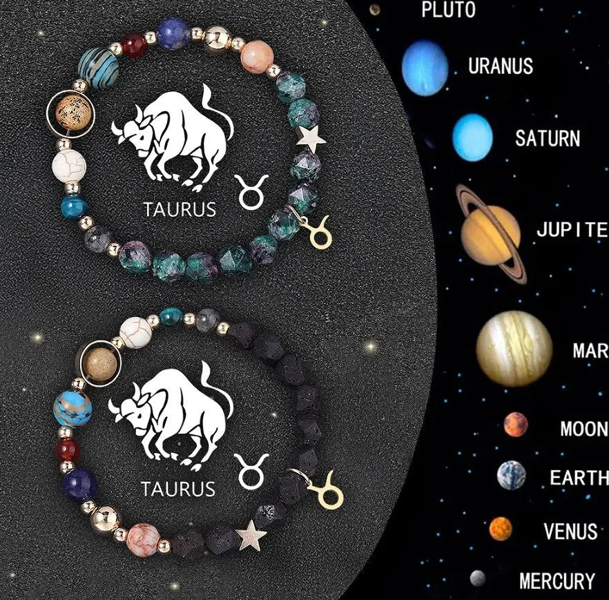Two natural stone beaded bracelets with zodiac sign charms, representing a 12-style astrology set.