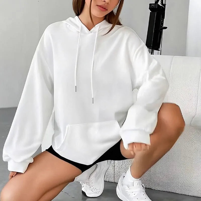Loose fit women's sweatshirt with drawstring and pocket detail in various colour options