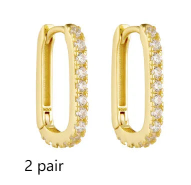 Sterling silver oval zircon ear clip earrings with geometric design in white or yellow colour