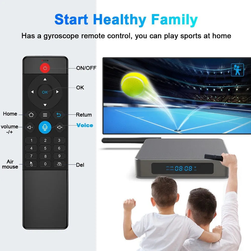 Android 8K TV set-top box with remote control, HDMI cable, and power supply on a white background.