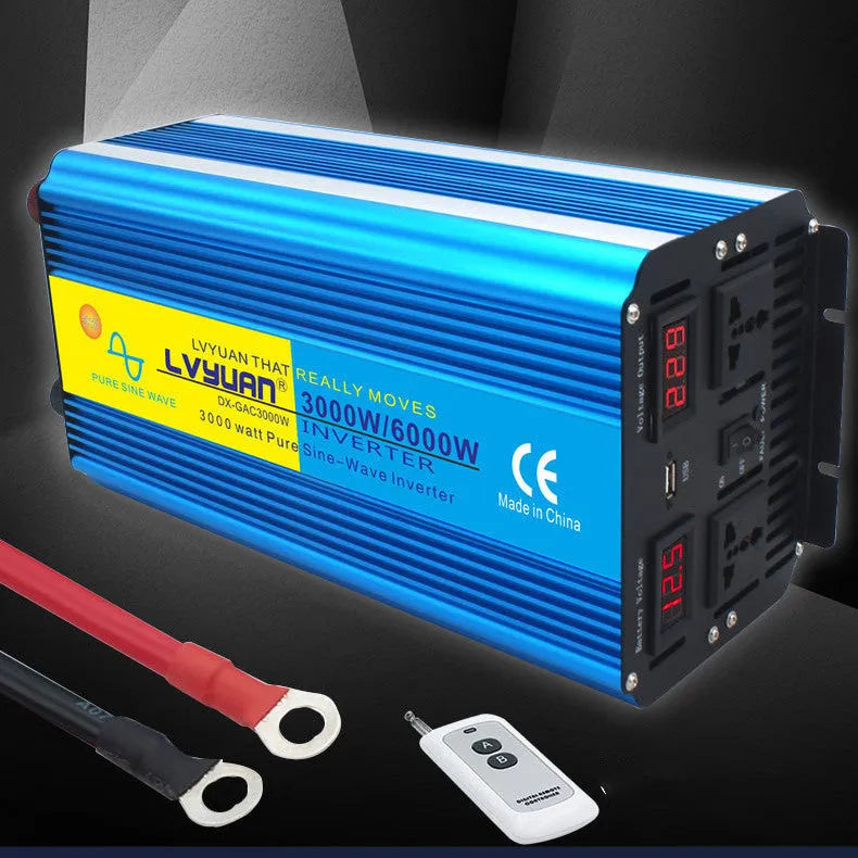 Blue 3000W car power inverter with digital displays showing conversion from 12V/24V to 220V with remote control