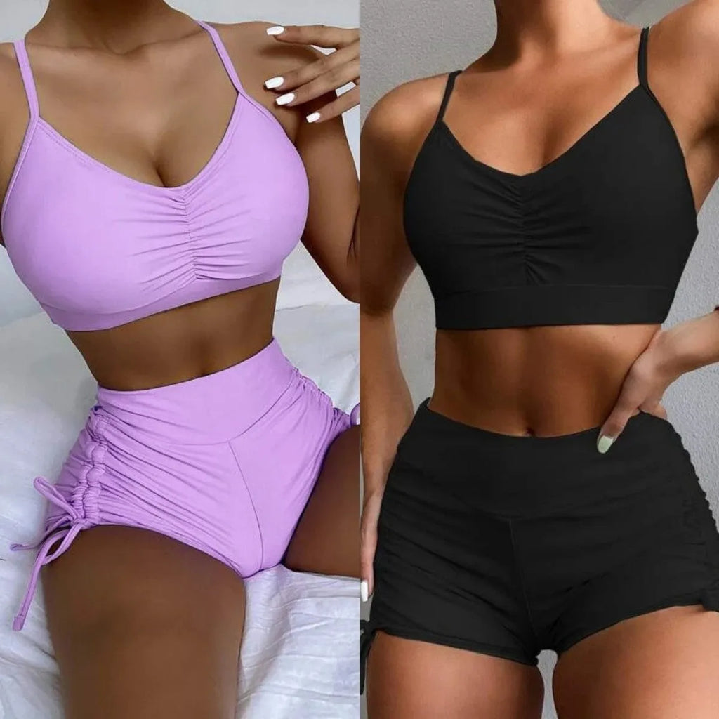 Women's purple high-waist split bikini swimsuit on a mannequin
